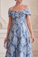 Laden Sie das Bild in den Galerie-Viewer, Graublaue A-Linie abseits der Schulter Jacquard Midi Mutter der Braut Kleid