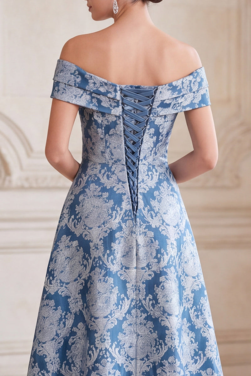 Laden Sie das Bild in den Galerie-Viewer, Graublaue A-Linie abseits der Schulter Jacquard Midi Mutter der Braut Kleid