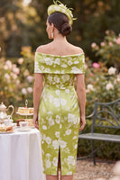 Laden Sie das Bild in den Galerie-Viewer, Grünes, schulterfreies, satinbedrucktes Midi-Mutter-der-Braut-Kleid mit Schlitz