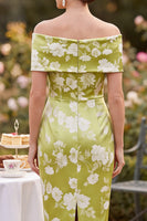 Laden Sie das Bild in den Galerie-Viewer, Grünes, schulterfreies, satinbedrucktes Midi-Mutter-der-Braut-Kleid mit Schlitz