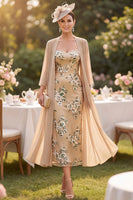 Laden Sie das Bild in den Galerie-Viewer, Champagner-Pailletten-Stickerei Midi-Mutter-der-Braut-Kleid mit Chiffon-Deckmantel