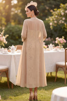 Laden Sie das Bild in den Galerie-Viewer, Champagner-Pailletten-Stickerei Midi-Mutter-der-Braut-Kleid mit Chiffon-Deckmantel