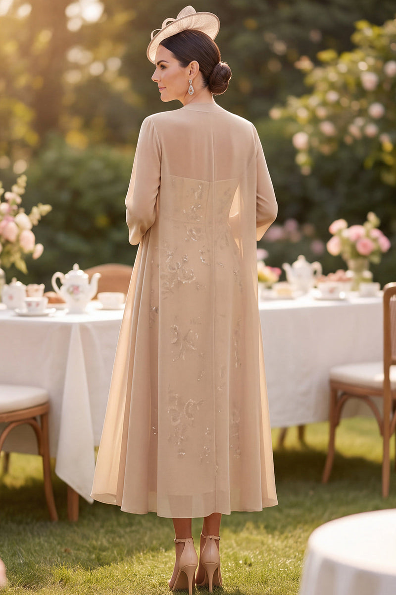 Laden Sie das Bild in den Galerie-Viewer, Champagner-Pailletten-Stickerei Midi-Mutter-der-Braut-Kleid mit Chiffon-Deckmantel