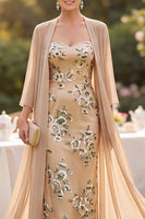 Laden Sie das Bild in den Galerie-Viewer, Champagner-Pailletten-Stickerei Midi-Mutter-der-Braut-Kleid mit Chiffon-Deckmantel