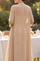 Laden Sie das Bild in den Galerie-Viewer, Champagner-Pailletten-Stickerei Midi-Mutter-der-Braut-Kleid mit Chiffon-Deckmantel