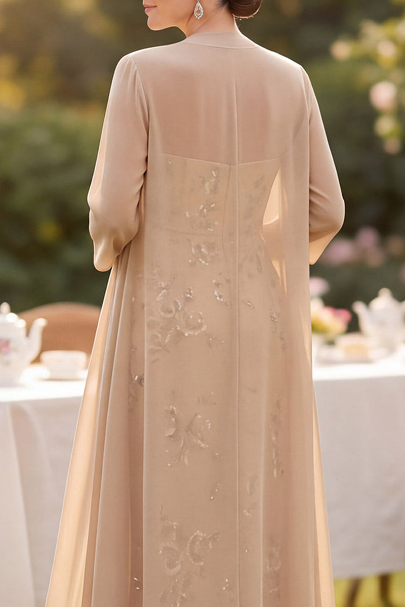 Laden Sie das Bild in den Galerie-Viewer, Champagner-Pailletten-Stickerei Midi-Mutter-der-Braut-Kleid mit Chiffon-Deckmantel