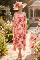 Laden Sie das Bild in den Galerie-Viewer, Rote Blume Rundhals 3/4 Ärmel Midi Mutter der Braut Kleid mit Chiffon-Überziehung