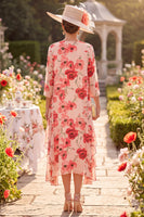 Laden Sie das Bild in den Galerie-Viewer, Rote Blume Rundhals 3/4 Ärmel Midi Mutter der Braut Kleid mit Chiffon-Überziehung