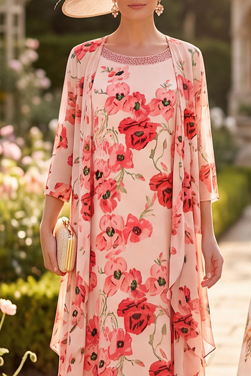 Laden Sie das Bild in den Galerie-Viewer, Rote Blume Rundhals 3/4 Ärmel Midi Mutter der Braut Kleid mit Chiffon-Überziehung
