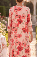 Laden Sie das Bild in den Galerie-Viewer, Rote Blume Rundhals 3/4 Ärmel Midi Mutter der Braut Kleid mit Chiffon-Überziehung