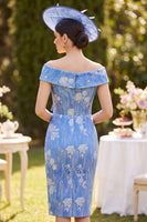 Laden Sie das Bild in den Galerie-Viewer, Off-the-shoulder blau geraffte, rüschierte Midi-Mutter der Braut Kleid mit Streiß-Schleife