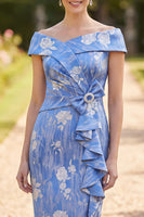 Laden Sie das Bild in den Galerie-Viewer, Off-the-shoulder blau geraffte, rüschierte Midi-Mutter der Braut Kleid mit Streiß-Schleife