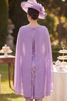 Laden Sie das Bild in den Galerie-Viewer, Lila Blumenstickmantel Midi-Mutter-der-Braut-Kleidung mit Chiffon-Cape