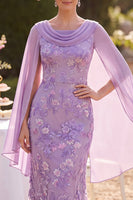 Laden Sie das Bild in den Galerie-Viewer, Lila Blumenstickmantel Midi-Mutter-der-Braut-Kleidung mit Chiffon-Cape