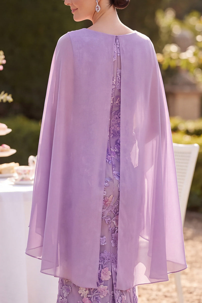 Laden Sie das Bild in den Galerie-Viewer, Lila Blumenstickmantel Midi-Mutter-der-Braut-Kleidung mit Chiffon-Cape