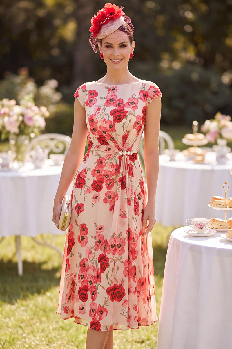 Laden Sie das Bild in den Galerie-Viewer, Roter Bateau-Ausschnitt mit Mützenärmeln, A-Linie, Blumenmuster – Midi-Mutter-der-Braut-Kleid