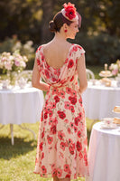 Laden Sie das Bild in den Galerie-Viewer, Roter Bateau-Ausschnitt mit Mützenärmeln, A-Linie, Blumenmuster – Midi-Mutter-der-Braut-Kleid