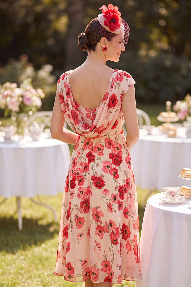 Laden Sie das Bild in den Galerie-Viewer, Roter Bateau-Ausschnitt mit Mützenärmeln, A-Linie, Blumenmuster – Midi-Mutter-der-Braut-Kleid