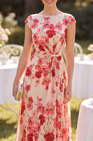 Laden Sie das Bild in den Galerie-Viewer, Roter Bateau-Ausschnitt mit Mützenärmeln, A-Linie, Blumenmuster – Midi-Mutter-der-Braut-Kleid
