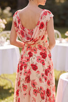 Laden Sie das Bild in den Galerie-Viewer, Roter Bateau-Ausschnitt mit Mützenärmeln, A-Linie, Blumenmuster – Midi-Mutter-der-Braut-Kleid