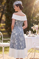 Laden Sie das Bild in den Galerie-Viewer, Grauweißes schulterfreies, hohes, tiefes A-Linien-Blumenmuster Midi-Mutter-der-Braut-Kleid