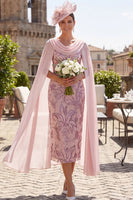 Laden Sie das Bild in den Galerie-Viewer, Rosa Pailletten, Hülle, Cowl Neck, Midi-Mutter-der-Braut-Kleid mit Chiffon-Umhang