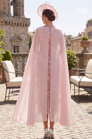 Laden Sie das Bild in den Galerie-Viewer, Rosa Pailletten, Hülle, Cowl Neck, Midi-Mutter-der-Braut-Kleid mit Chiffon-Umhang