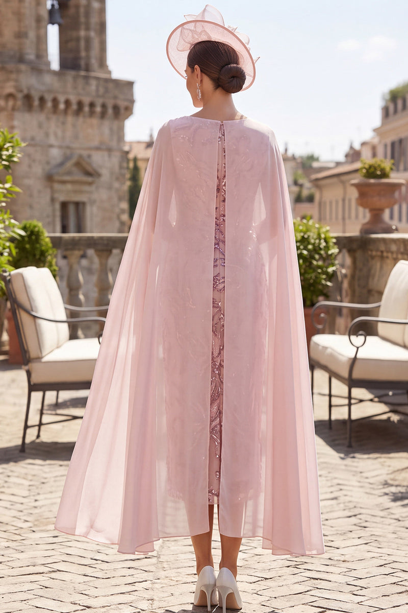 Laden Sie das Bild in den Galerie-Viewer, Rosa Pailletten, Hülle, Cowl Neck, Midi-Mutter-der-Braut-Kleid mit Chiffon-Umhang