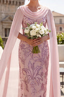 Laden Sie das Bild in den Galerie-Viewer, Rosa Pailletten, Hülle, Cowl Neck, Midi-Mutter-der-Braut-Kleid mit Chiffon-Umhang