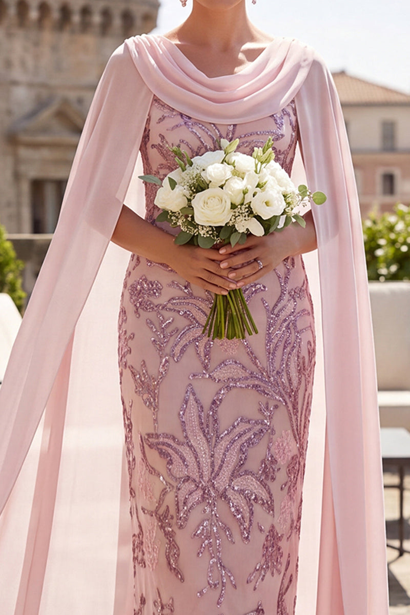 Laden Sie das Bild in den Galerie-Viewer, Rosa Pailletten, Hülle, Cowl Neck, Midi-Mutter-der-Braut-Kleid mit Chiffon-Umhang