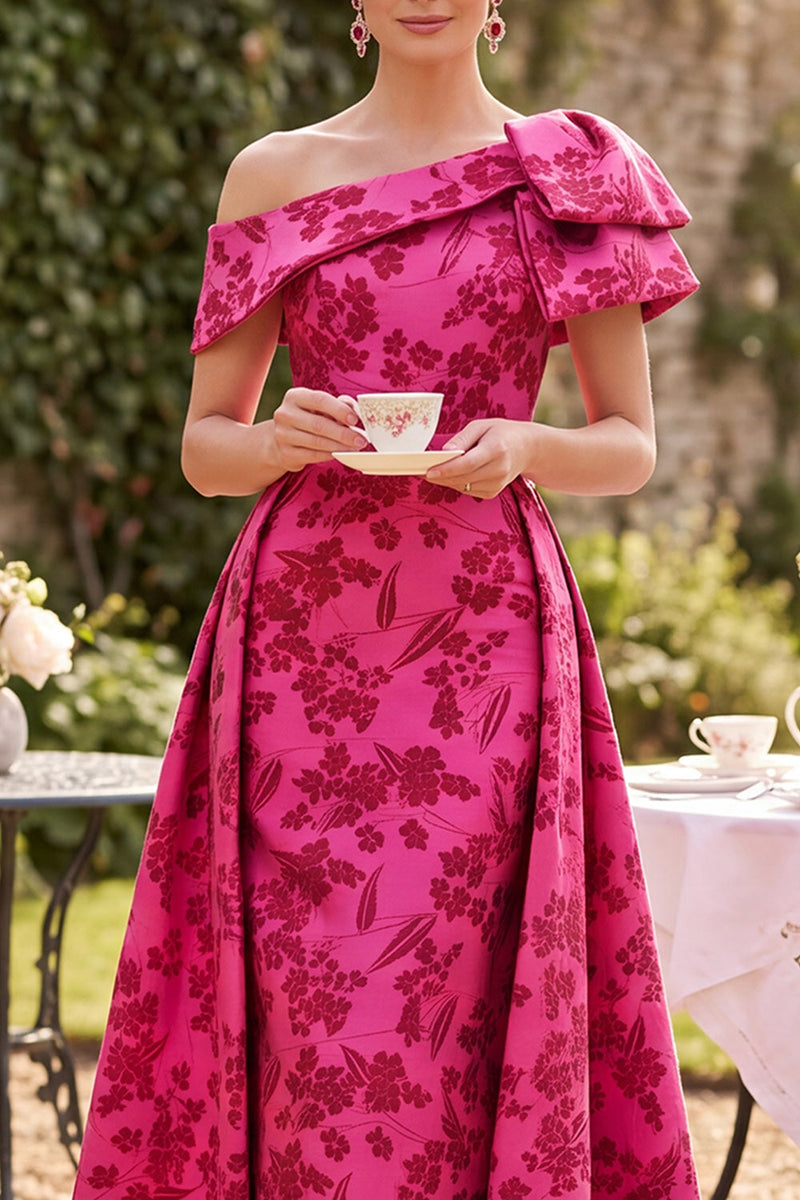 Laden Sie das Bild in den Galerie-Viewer, Asymmetrisches, einschulterfarbenes Fuchsia gerafftes A-Linie-Muster Mutter-der-Braut-Kleidung