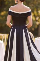 Laden Sie das Bild in den Galerie-Viewer, Off-the-shoulder schwarzes, weißes gerafftes A-Linie-Midi-Kleid Mutter der Braut