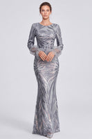 Laden Sie das Bild in den Galerie-Viewer, Glitzerndes silbernes Pailletten-Rundhals-langes Festkleid mit ärmelnden Ärmeln