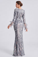 Laden Sie das Bild in den Galerie-Viewer, Glitzerndes silbernes Pailletten-Rundhals-langes Festkleid mit ärmelnden Ärmeln