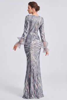 Glitzerndes Silbernes Pailletten Rundhals Langes Festkleid mit ärmelnden Ärmeln