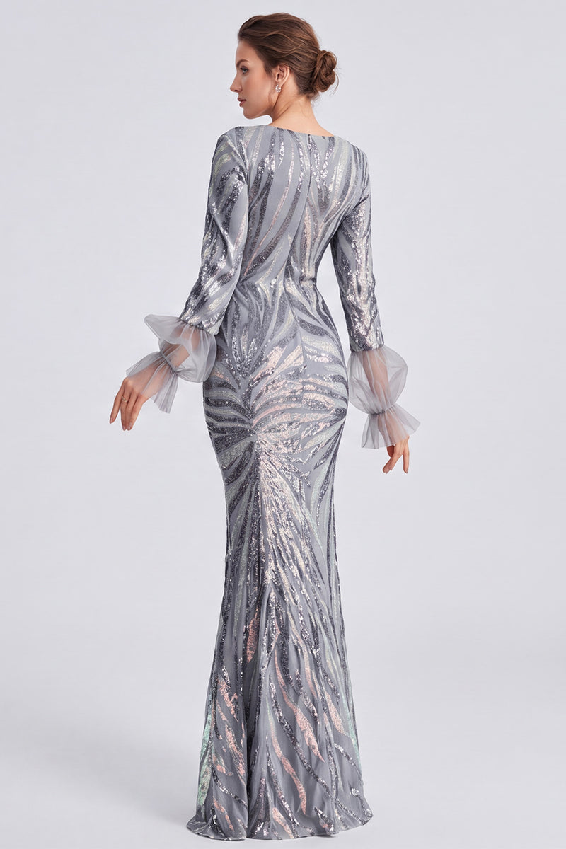 Laden Sie das Bild in den Galerie-Viewer, Glitzerndes silbernes Pailletten-Rundhals-langes Festkleid mit ärmelnden Ärmeln