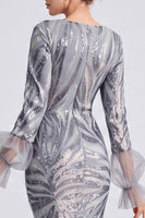 Laden Sie das Bild in den Galerie-Viewer, Glitzerndes silbernes Pailletten-Rundhals-langes Festkleid mit ärmelnden Ärmeln