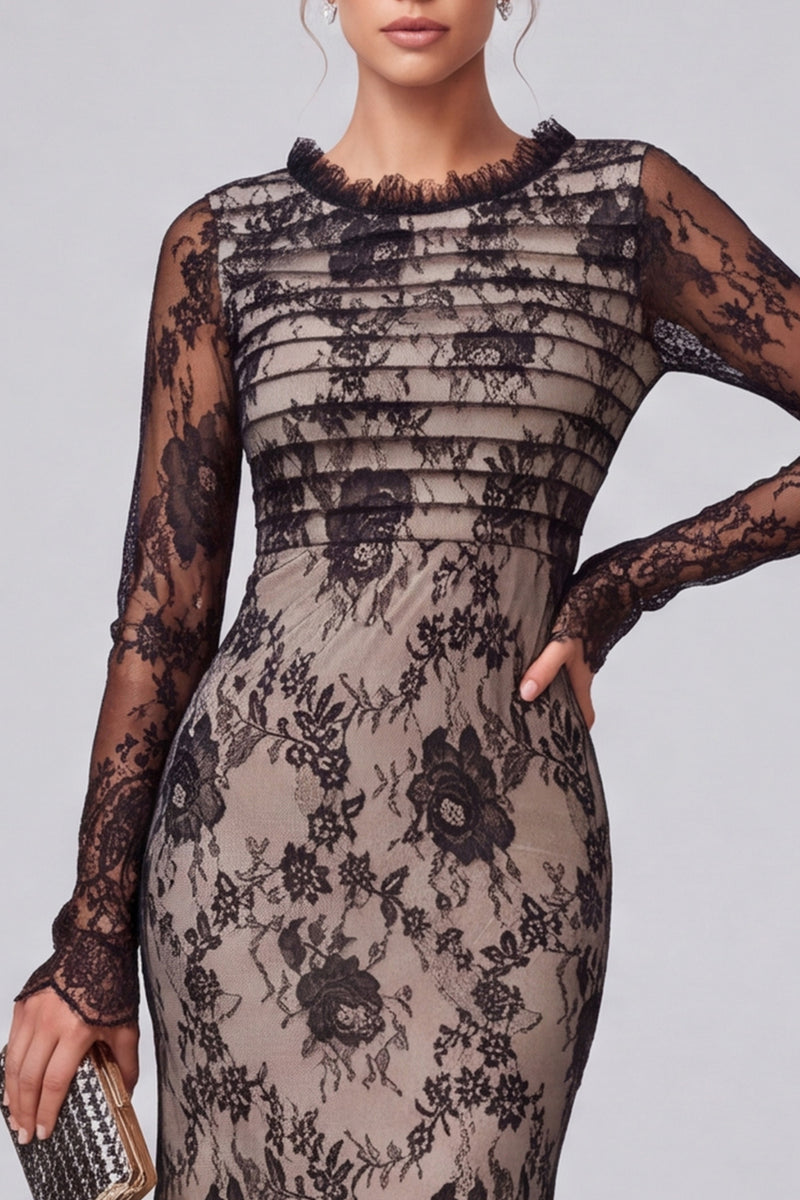 Laden Sie das Bild in den Galerie-Viewer, Schwarzes langes Festkleid mit Blumen-Meerjungfrauenspitze