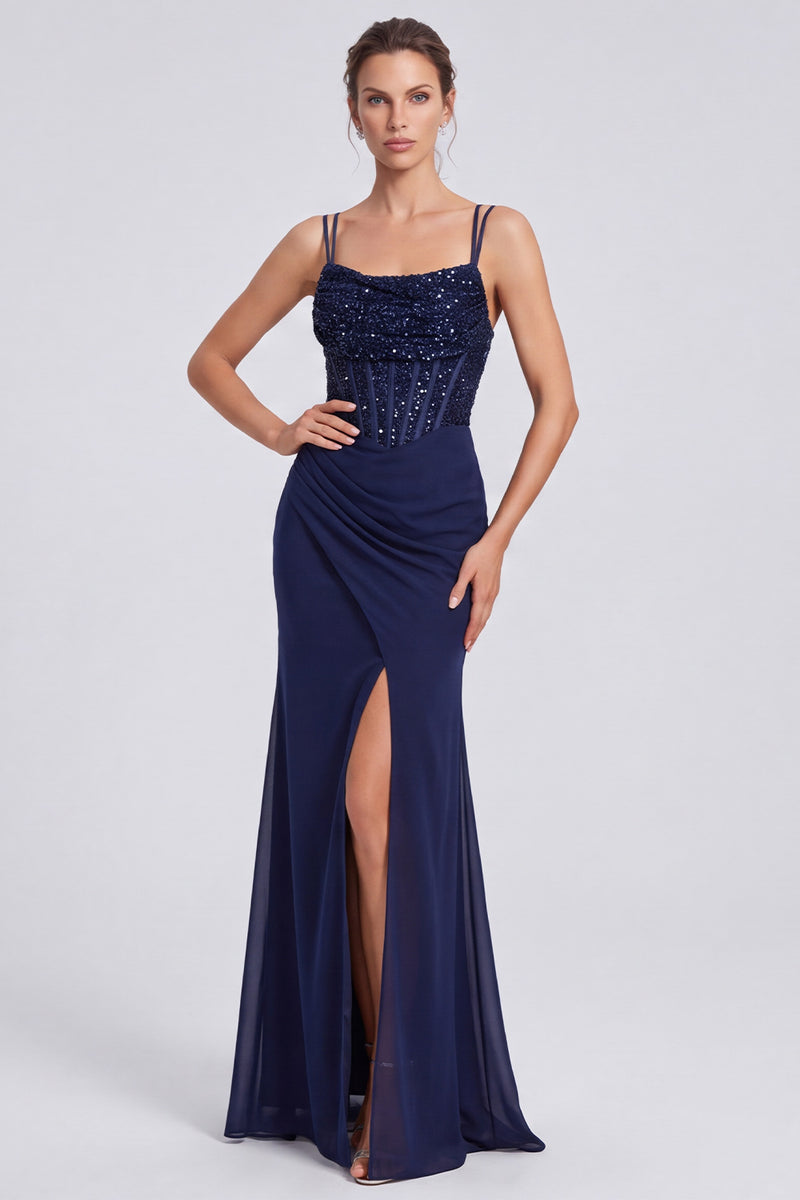 Laden Sie das Bild in den Galerie-Viewer, Glitzerndes Marineblaues Gerafftes Pailletten Korsett Meerjungfrauen Langes Festkleid mit Schlitz