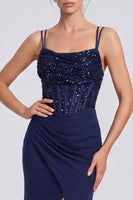Laden Sie das Bild in den Galerie-Viewer, Glitzerndes Marineblaues Gerafftes Pailletten Korsett Meerjungfrauen Langes Festkleid mit Schlitz