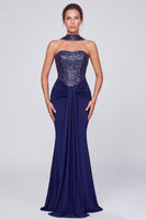Laden Sie das Bild in den Galerie-Viewer, Glitzerndes Marineblaues Pailletten Gerafftes Meerjungfrauen Langes Festkleid mit Halsschal