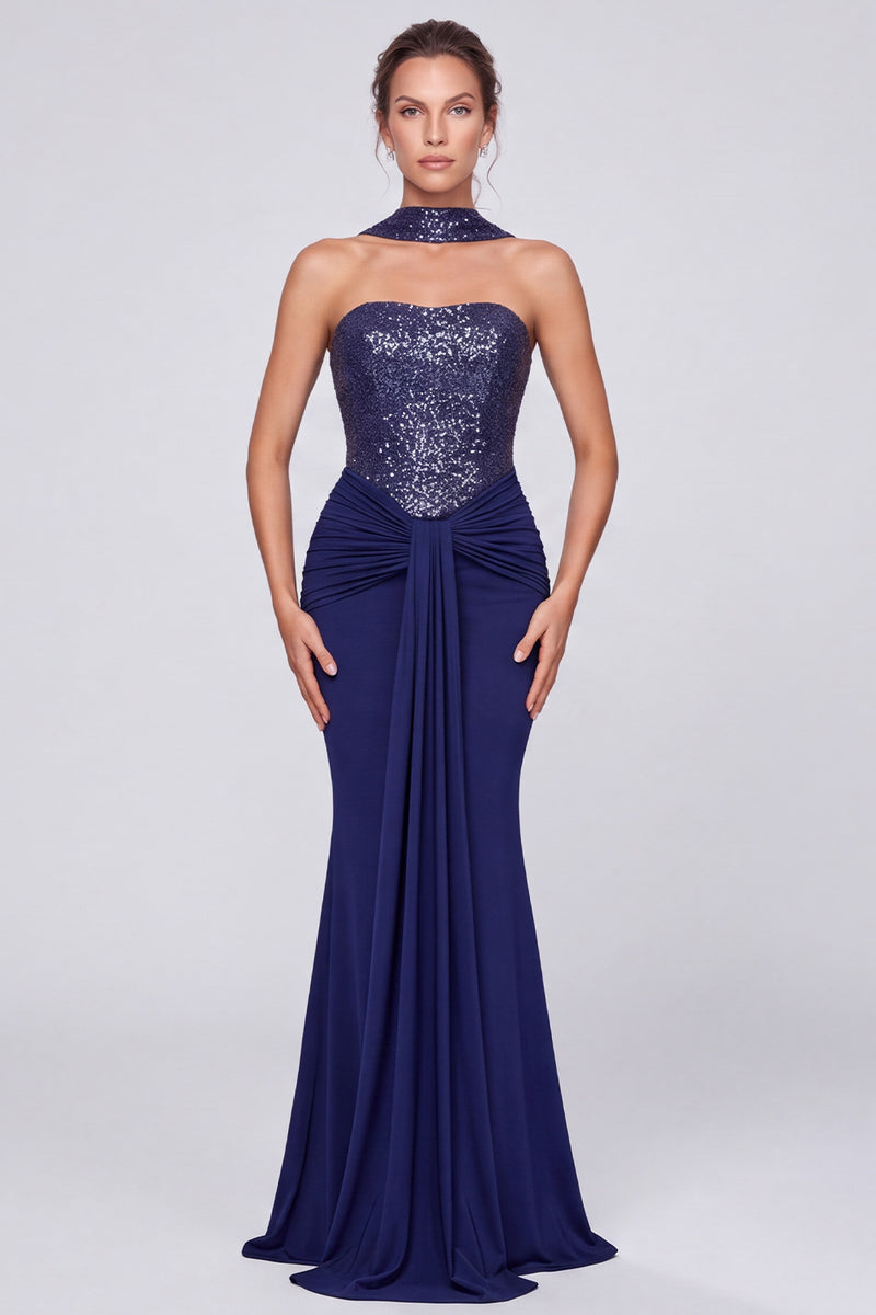 Laden Sie das Bild in den Galerie-Viewer, Glitzerndes Marineblaues Pailletten Gerafftes Meerjungfrauen Langes Festkleid mit Halsschal