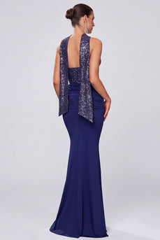 Glitzerndes Marineblaues Pailletten Gerafftes Meerjungfrauen Langes Festkleid mit Halsschal