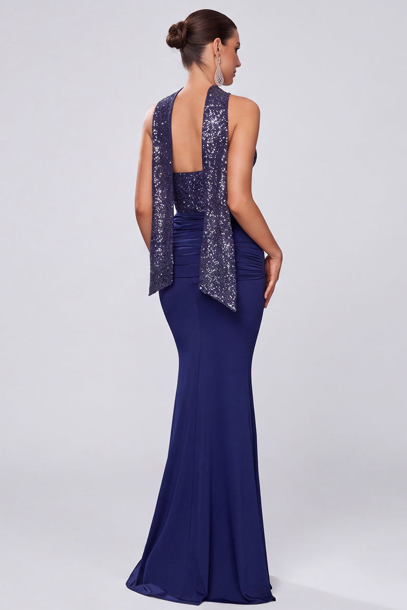 Laden Sie das Bild in den Galerie-Viewer, Glitzerndes Marineblaues Pailletten Gerafftes Meerjungfrauen Langes Festkleid mit Halsschal