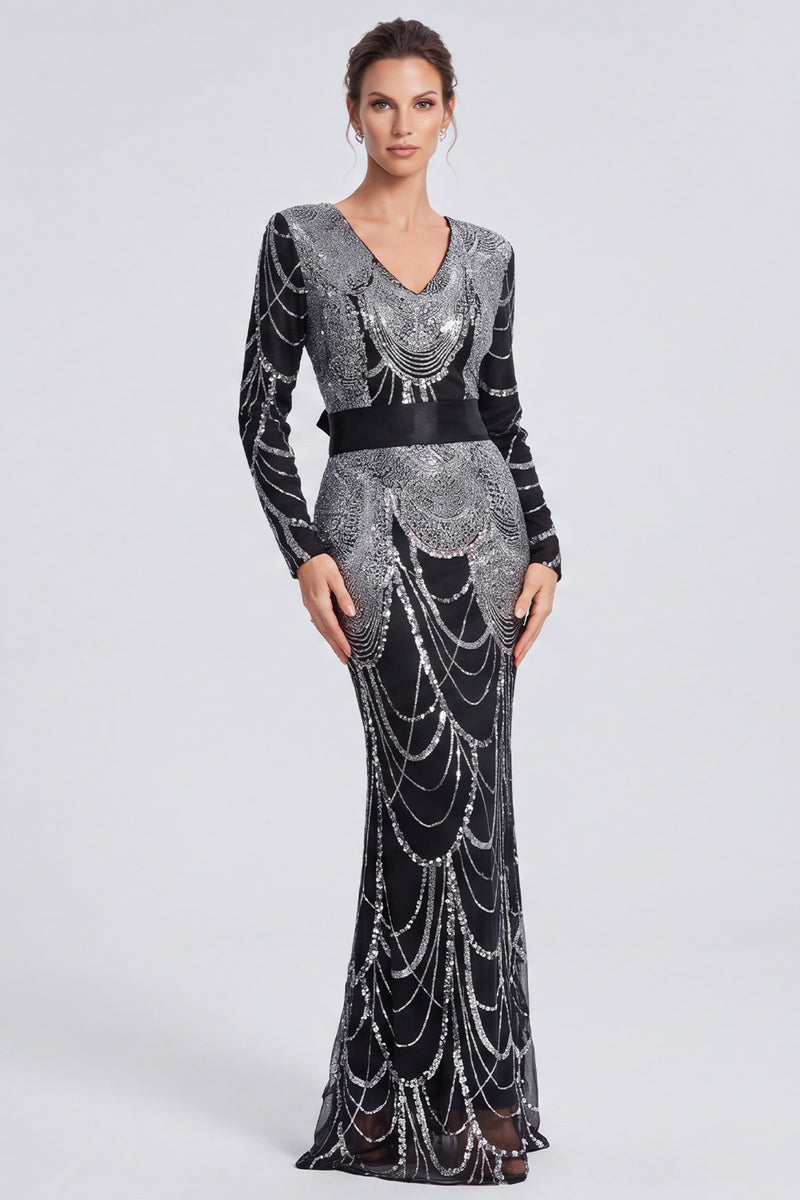 Laden Sie das Bild in den Galerie-Viewer, Glitzerndes Schwarzes Pailletten Meerjungfrauen Langes Festkleid mit Schleife
