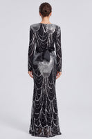 Laden Sie das Bild in den Galerie-Viewer, Glitzerndes Schwarzes Pailletten Meerjungfrauen Langes Festkleid mit Schleife