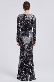 Glitzerndes Schwarzes Pailletten Meerjungfrauen Langes Festkleid mit Schleife