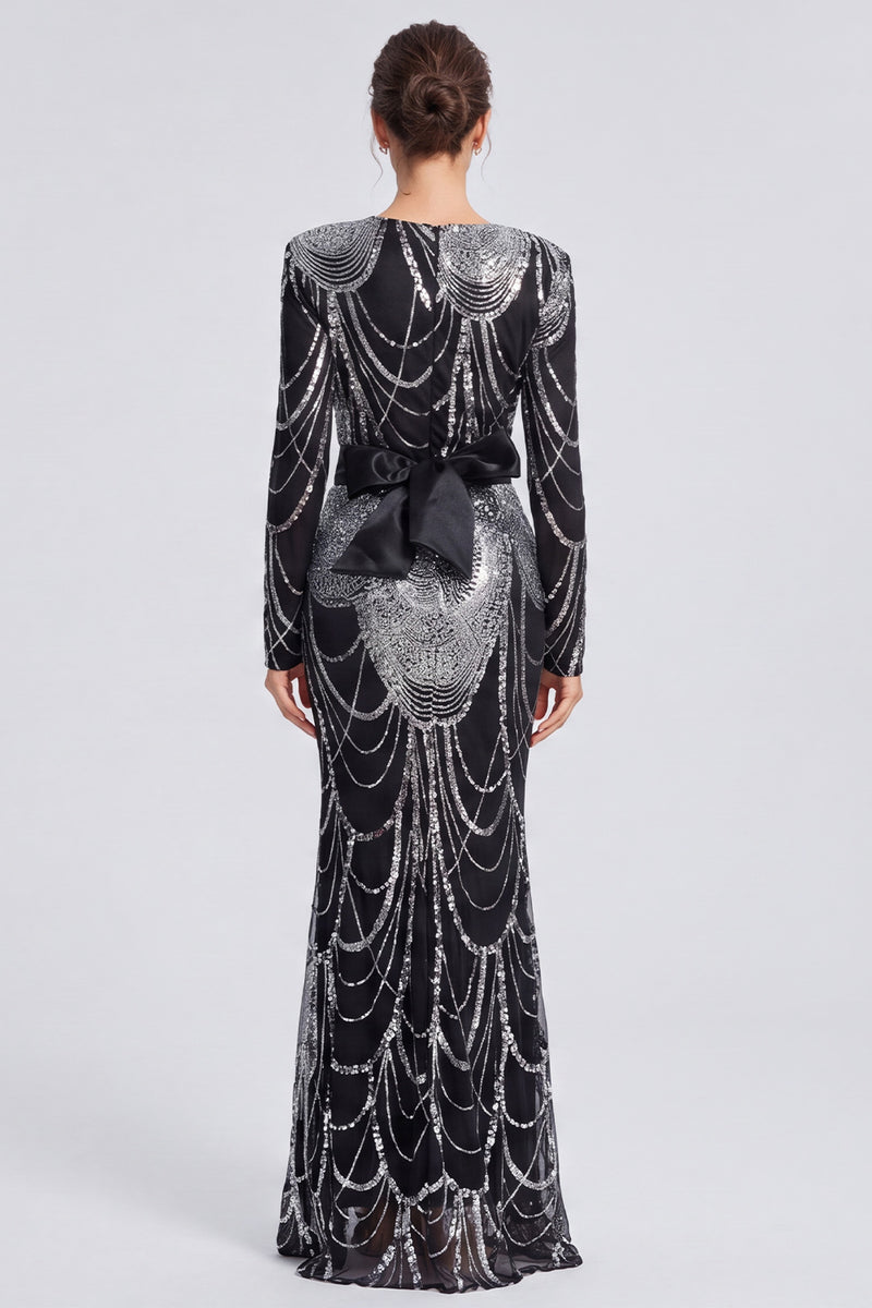 Laden Sie das Bild in den Galerie-Viewer, Glitzerndes Schwarzes Pailletten Meerjungfrauen Langes Festkleid mit Schleife
