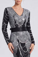 Laden Sie das Bild in den Galerie-Viewer, Glitzerndes Schwarzes Pailletten Meerjungfrauen Langes Festkleid mit Schleife