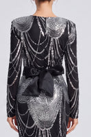 Laden Sie das Bild in den Galerie-Viewer, Glitzerndes Schwarzes Pailletten Meerjungfrauen Langes Festkleid mit Schleife